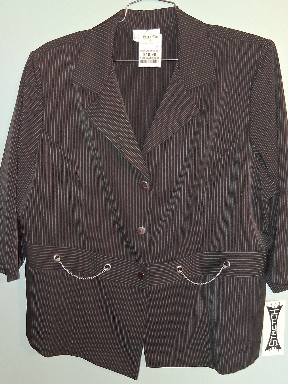 Brown Vintage Y2k Pinstripe Women's Blazer with Chain Detail
